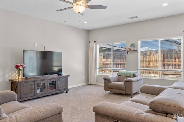 8610 Kowa St, Bakersfield, CA 93314 - living area featuring light colored carpet, a ceiling fan, and recessed lighting