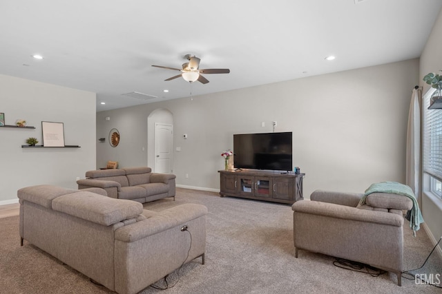 8610 Kowa St, Bakersfield, CA 93314 - carpeted living room with arched walkways, recessed lighting, and ceiling fan