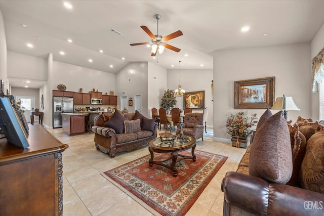 living room with ceiling fan, recessed lighting, high vaulted ceiling, light tile patterned flooring, and baseboards