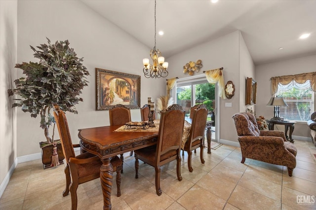 dining area with a chandelier, baseboards, light tile patterned floors, recessed lighting, and high vaulted ceiling