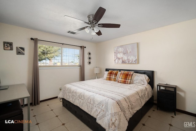 bedroom featuring baseboards, ceiling fan, and visible vents