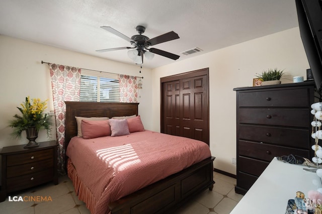 bedroom with a closet, ceiling fan, and visible vents