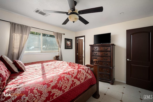 bedroom featuring baseboards, ceiling fan, and visible vents