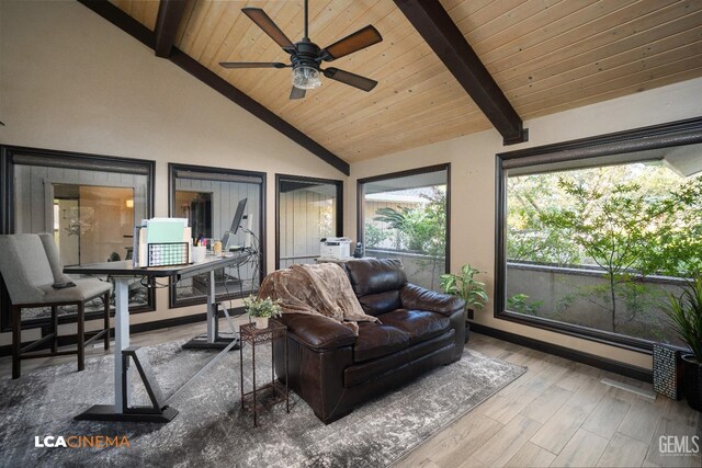 living room featuring ceiling fan, beamed ceiling, high vaulted ceiling, dark hardwood / wood-style floors, and wood ceiling