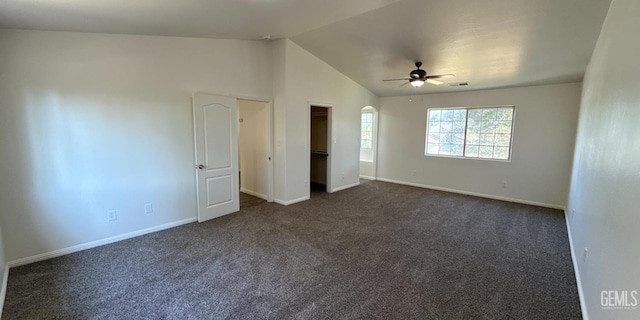 8808 Cape Flattery Dr, Bakersfield, CA 93312 - unfurnished room featuring ceiling fan, dark carpet, and lofted ceiling