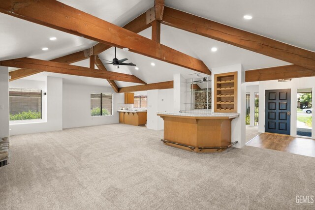 7108 Luke Ave, Bakersfield, CA 93308 - kitchen with open floor plan, carpet floors, recessed lighting, a peninsula, and a ceiling fan