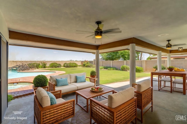 7108 Luke Ave, Bakersfield, CA 93308 - view of patio with an outdoor hot tub, a ceiling fan, and an outdoor living space