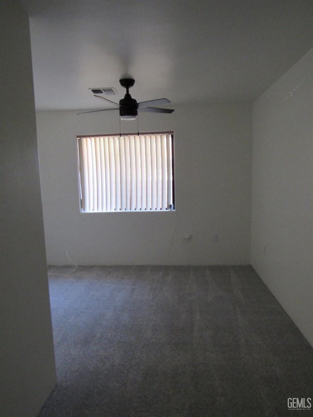 empty room featuring ceiling fan and carpet