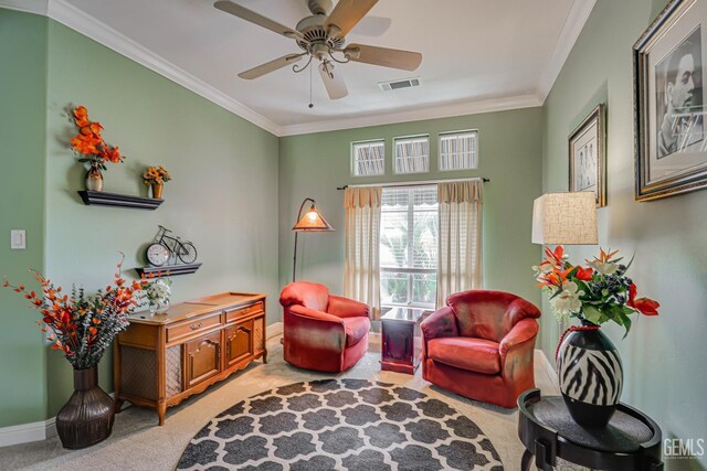 502 Lewisham St, Bakersfield, CA 93311 - sitting room featuring light colored carpet, baseboards, ornamental molding, and a ceiling fan
