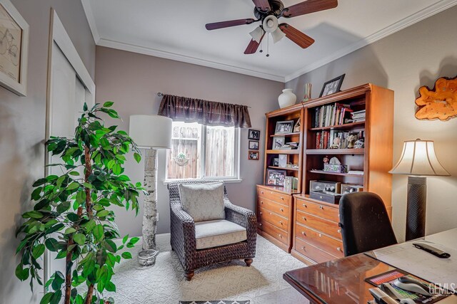 502 Lewisham St, Bakersfield, CA 93311 - office featuring a ceiling fan, crown molding, carpet, and baseboards