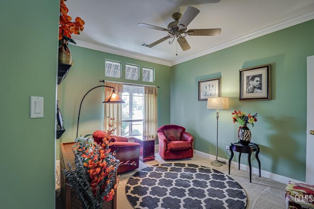 502 Lewisham St, Bakersfield, CA 93311 - living area featuring ceiling fan, ornamental molding, baseboards, and carpet floors