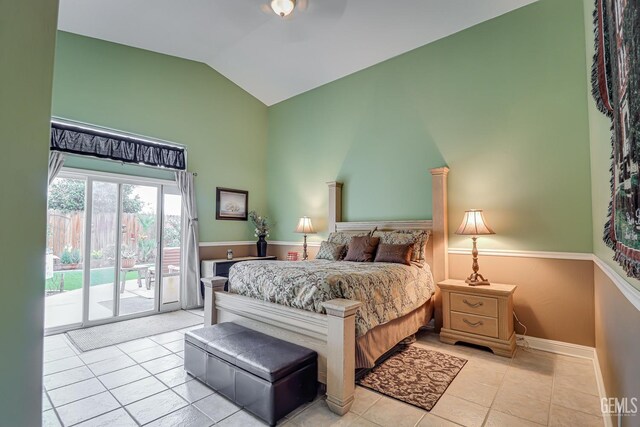 502 Lewisham St, Bakersfield, CA 93311 - tiled bedroom with access to outside, baseboards, and high vaulted ceiling