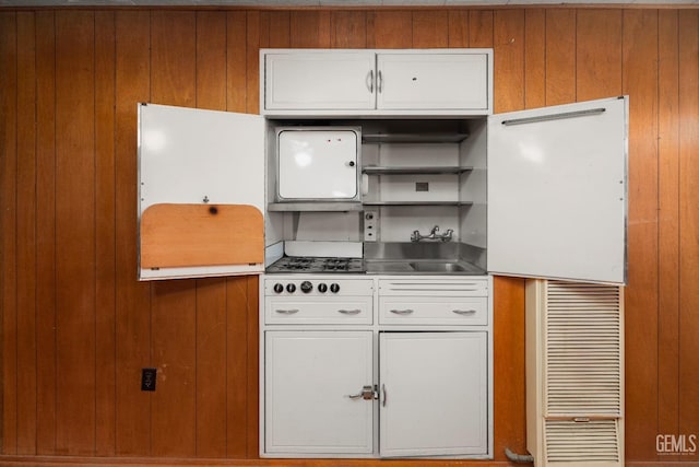 kitchen with stainless steel counters, white cabinetry, sink, and wooden walls