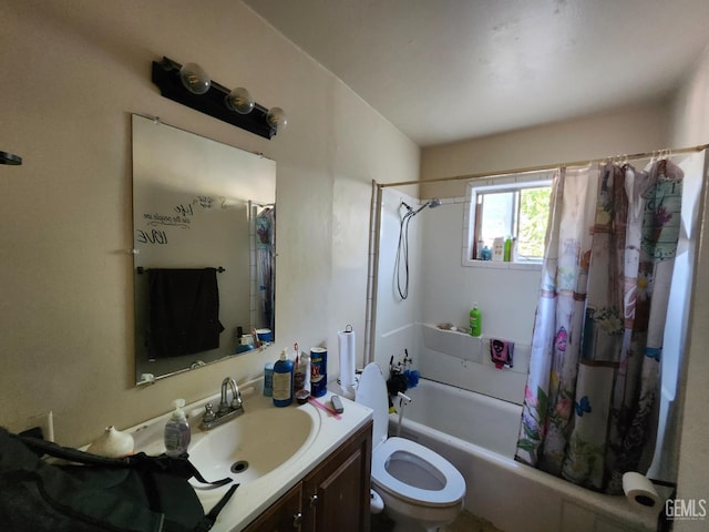 3600 Cottonwood Rd, Bakersfield, CA 93307 - bathroom with shower / bathtub combination with curtain, vanity, and toilet