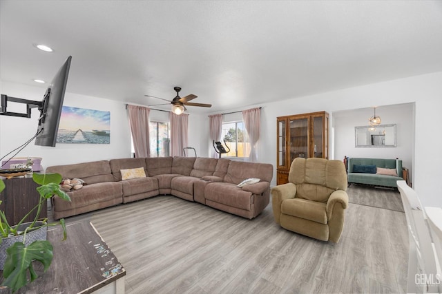 21633 Golden Hills Blvd, Tehachapi, CA 93561 - living room featuring light wood-style floors, a ceiling fan, and recessed lighting