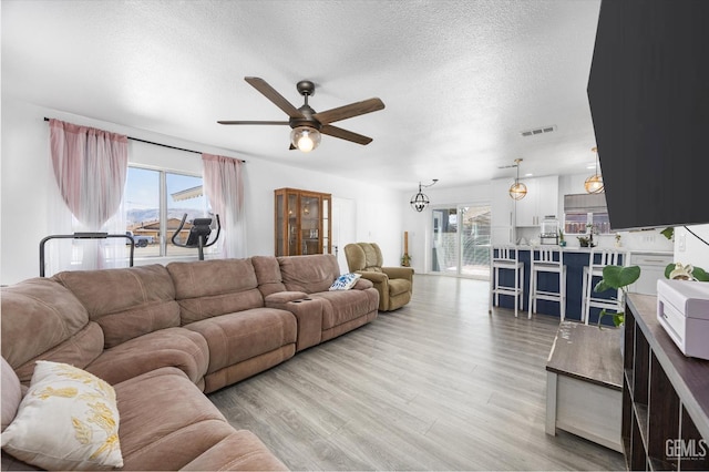 21633 Golden Hills Blvd, Tehachapi, CA 93561 - living room featuring ceiling fan, plenty of natural light, a textured ceiling, and light wood-style floors