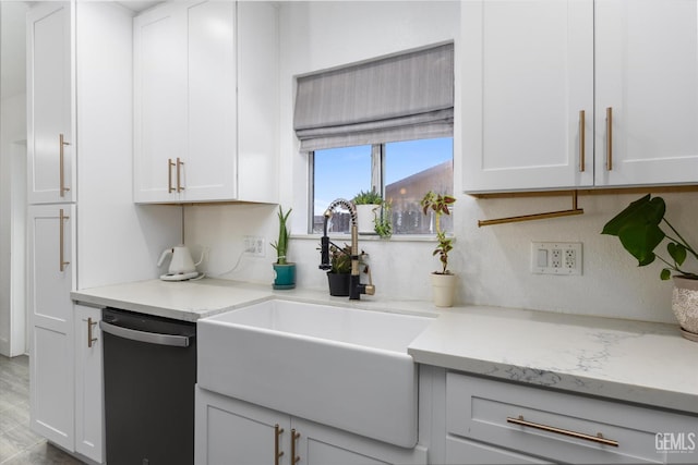 21633 Golden Hills Blvd, Tehachapi, CA 93561 - kitchen with dishwasher, white cabinets, and light stone counters