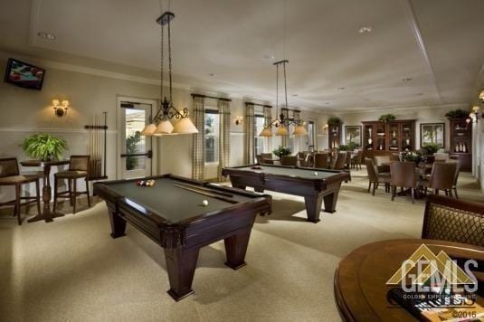 game room with light carpet and billiards