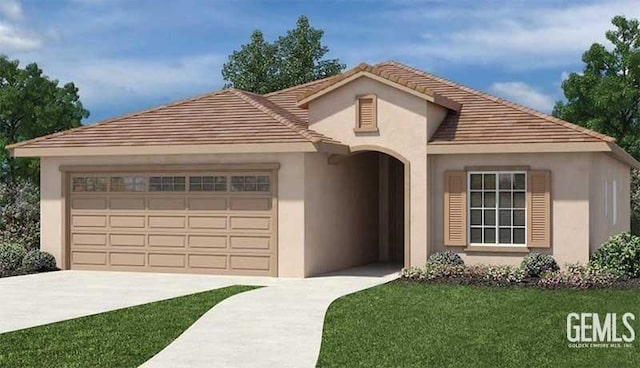view of front of home with a tiled roof, a front lawn, stucco siding, driveway, and a garage
