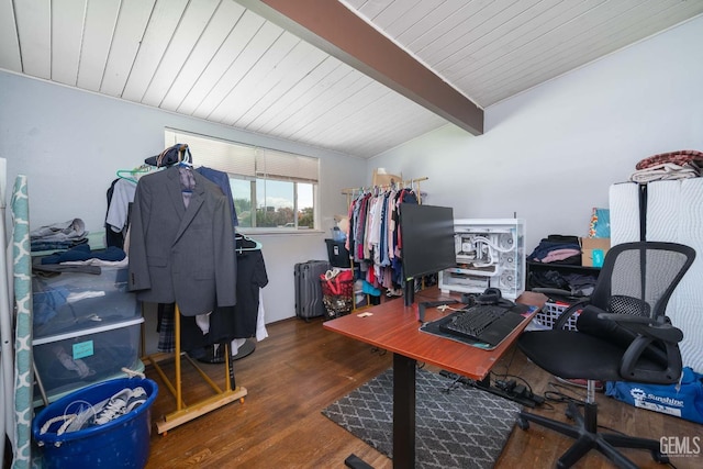 office space featuring vaulted ceiling with beams, wood ceiling, and wood finished floors