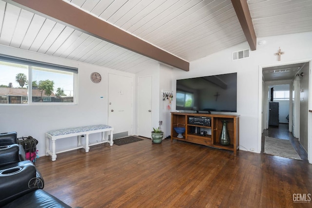 living area featuring wooden ceiling, lofted ceiling with beams, wood finished floors, and visible vents