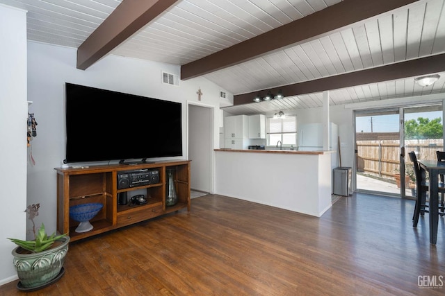 living room featuring wood ceiling, visible vents, dark wood-style floors, and vaulted ceiling with beams