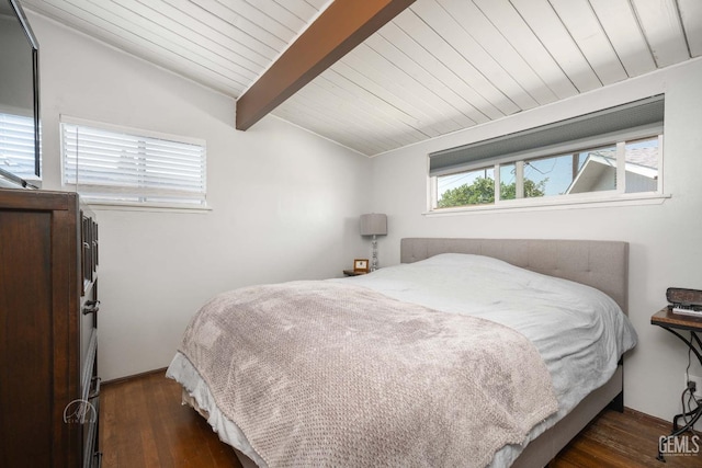 bedroom with wood ceiling, vaulted ceiling with beams, and dark wood finished floors