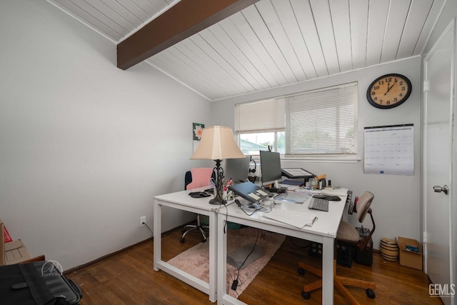office featuring lofted ceiling with beams, wooden ceiling, and wood finished floors