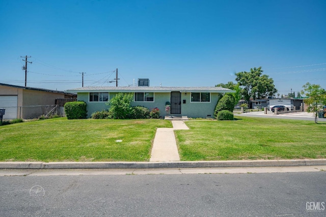 ranch-style house with stucco siding, a front lawn, and fence