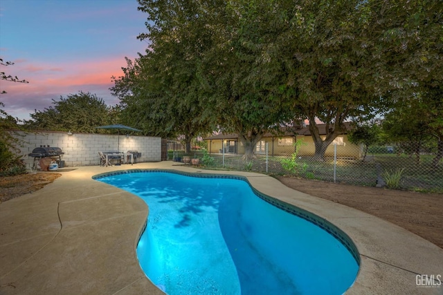 view of swimming pool with a patio area, a fenced backyard, and a fenced in pool