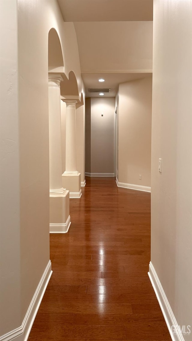 3006 Springbank Ct, Bakersfield, CA 93311 - hall with hardwood / wood-style floors, baseboards, recessed lighting, and ornate columns