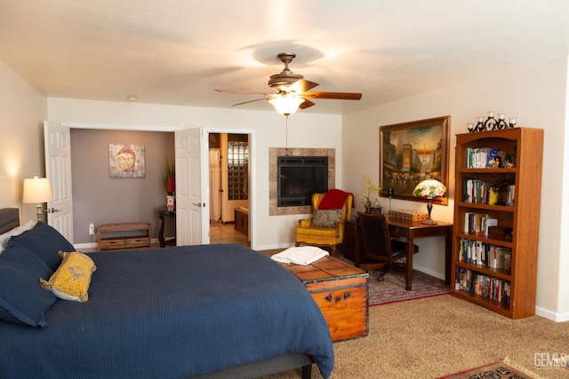 29201 Angus Ct, Tehachapi, CA 93561 - carpeted bedroom with a fireplace and a ceiling fan