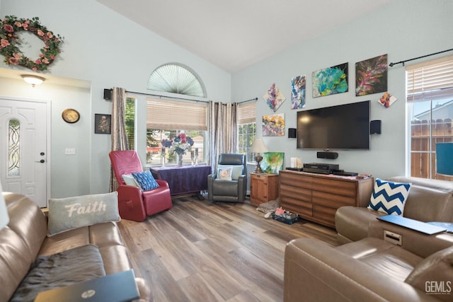 3809 Wensley Ct, Bakersfield, CA 93311 - living area featuring wood finished floors, high vaulted ceiling, and healthy amount of natural light