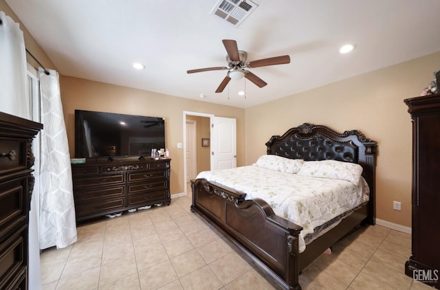 bedroom featuring ceiling fan and light tile patterned floors