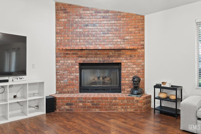 living room with a fireplace and dark hardwood / wood-style flooring