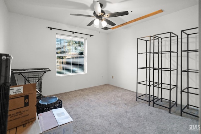 miscellaneous room with light colored carpet and ceiling fan