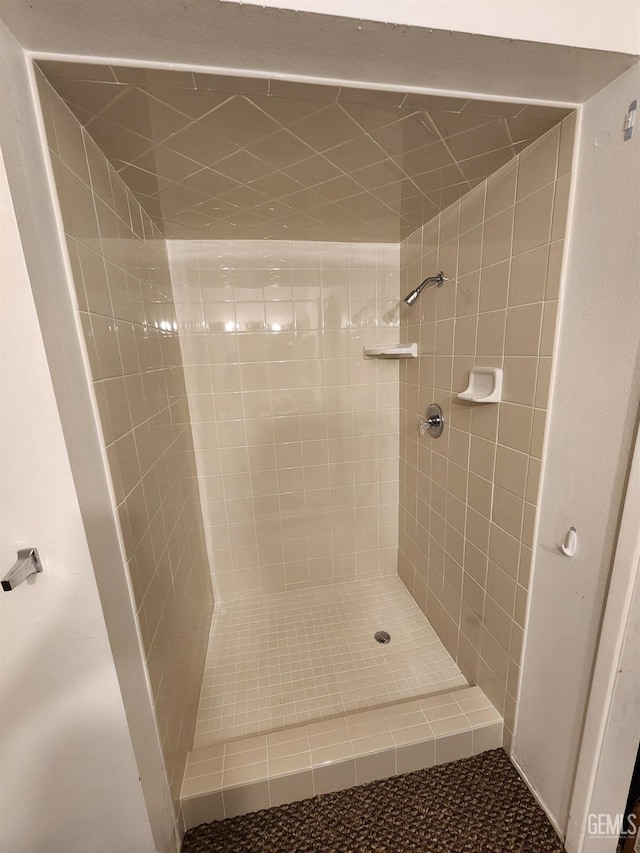 bathroom featuring tile patterned flooring and tiled shower