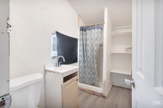 bathroom with wood-type flooring, vanity, toilet, and curtained shower