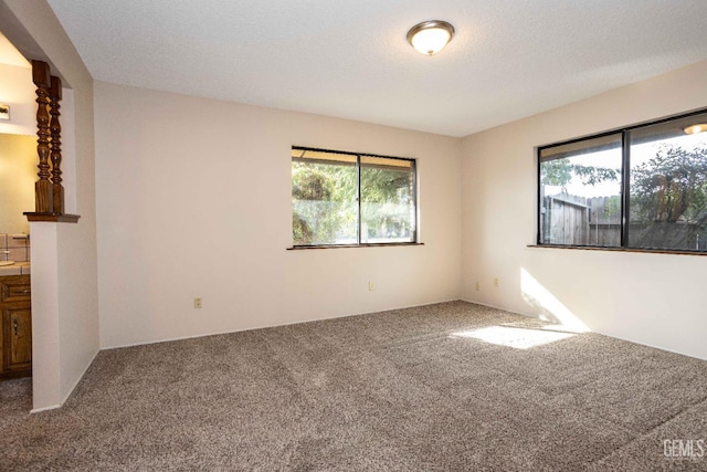 carpeted empty room featuring a textured ceiling