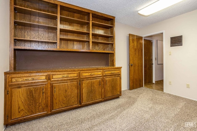 interior space with light colored carpet and a textured ceiling