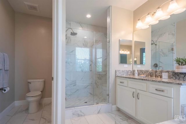 13620 Stonethwaite Ln, Bakersfield, CA 93311 - full bath featuring marble finish floors, a marble finish shower, vanity, and recessed lighting