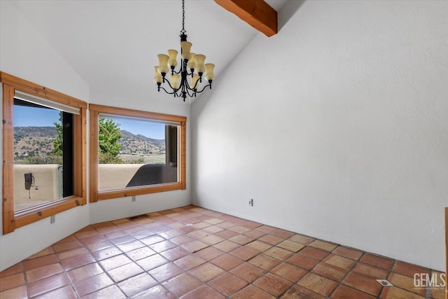 28221 Cumberland Rd, Tehachapi, CA 93561 - empty room featuring a chandelier, beamed ceiling, tile patterned floors, and high vaulted ceiling