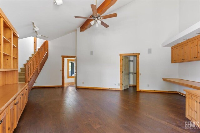 28221 Cumberland Rd, Tehachapi, CA 93561 - unfurnished living room with high vaulted ceiling, dark wood-style flooring, baseboards, ceiling fan, and stairs