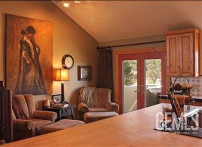 office area with french doors and lofted ceiling