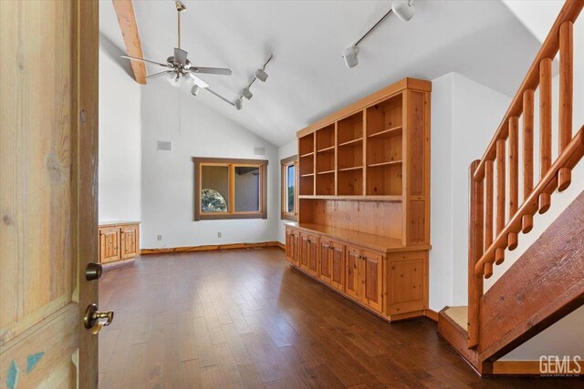 28221 Cumberland Rd, Tehachapi, CA 93561 - unfurnished living room featuring stairs, a ceiling fan, dark wood finished floors, rail lighting, and baseboards