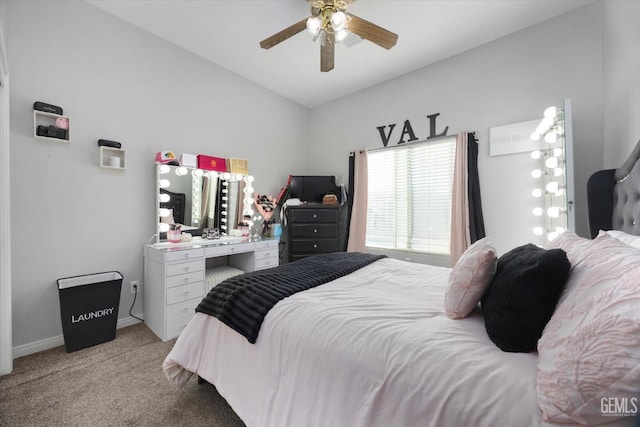 bedroom with light carpet, lofted ceiling, and ceiling fan