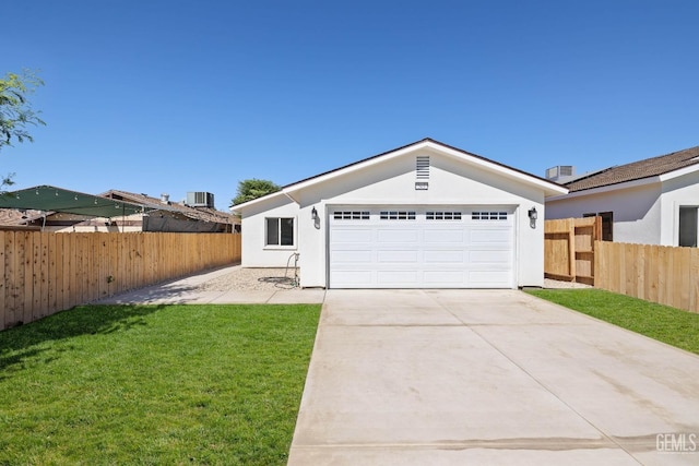 single story home featuring central AC, a garage, and a front lawn