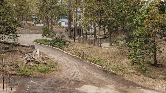 view of community with a fenced front yard and driveway