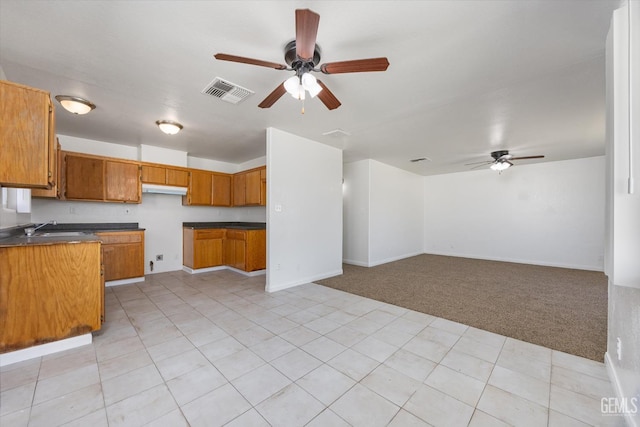 132 E Center St, Taft, CA 93268 - kitchen featuring a ceiling fan, light carpet, brown cabinets, and dark countertops