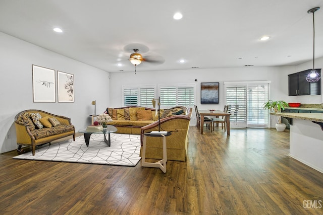 18019 Lapis Ln, San Bernardino, CA 92407 - living room with dark wood-style flooring, a ceiling fan, and recessed lighting